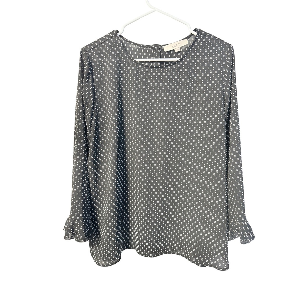 Loft Blouse Womens‎ Medium Black White Ruffle Cuff Chiffon